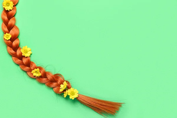 Plecione Rude Włosy Kwiatami Tle Koloru — Zdjęcie stockowe