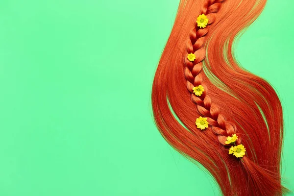 Імбирне Волосся Плетеною Ниткою Квітами Кольоровому Фоні — стокове фото