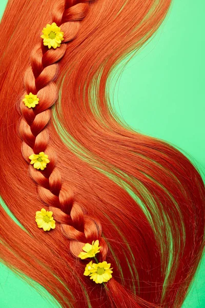 Τρίχες Τζίντζερ Πλεγμένο Σκέλος Και Λουλούδια Στο Φόντο Χρώμα Closeup — Φωτογραφία Αρχείου
