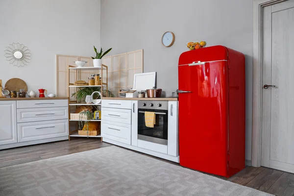 Interior Kitchen Red Fridge Counters Shelving Unit — Stock Photo, Image