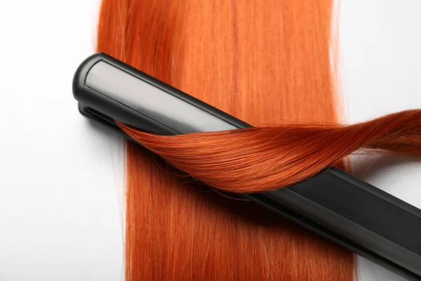Ginger Hair Straightening Iron White Background Closeup — Stock Photo, Image