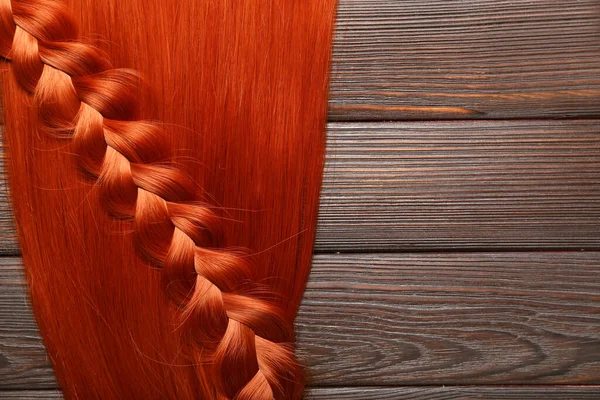 Ginger Hair Braid Wooden Background Closeup — Stock Photo, Image