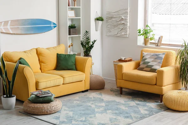 Interior Light Living Room Surfboard Yellow Sofa Armchair — Stock Photo, Image