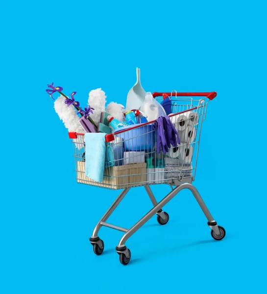 青を基調とした清掃用品や紫色の花でいっぱいのショッピングカート — ストック写真