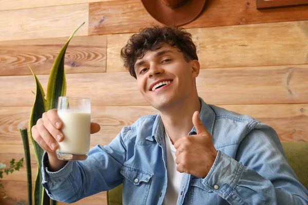 Young Man Glass Milk Showing Thumb Home — Stock Photo, Image