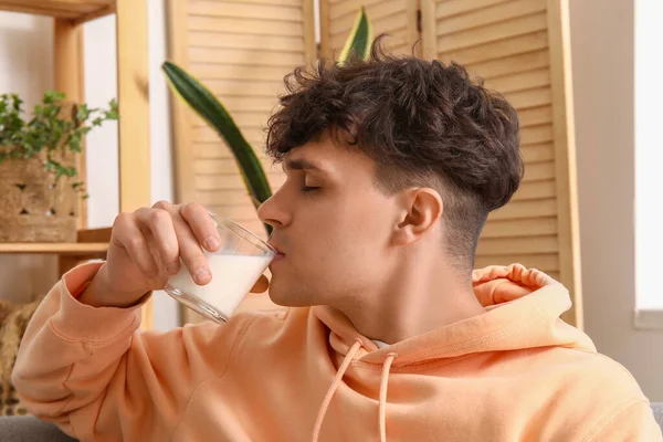Young Man Drinking Milk Home Closeup — Stock Photo, Image