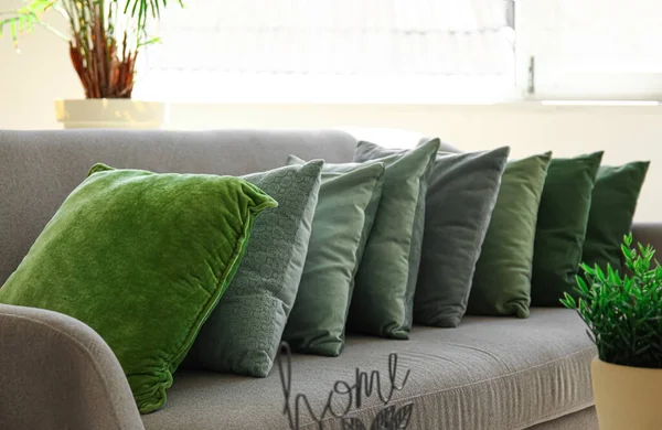 Stylish Pillows Grey Sofa Modern Living Room — Stock Photo, Image
