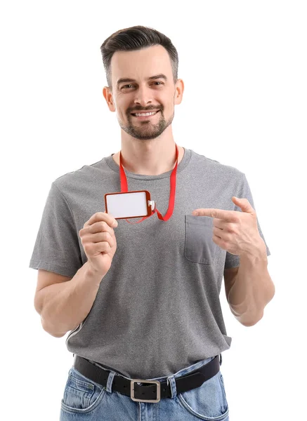 Young Man Pointing Blank Badge White Background — Stock Photo, Image