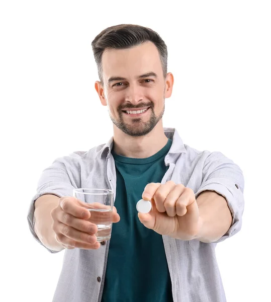 Homem Jovem Com Comprimido Solúvel Vidro Água Sobre Fundo Branco — Fotografia de Stock