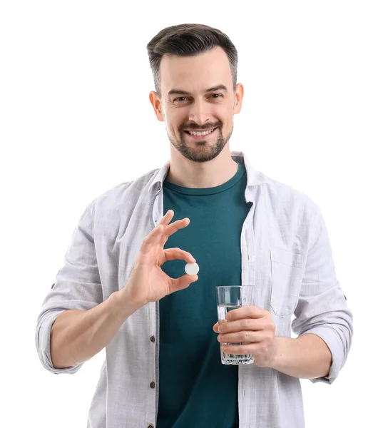 Homem Jovem Com Comprimido Solúvel Vidro Água Sobre Fundo Branco — Fotografia de Stock