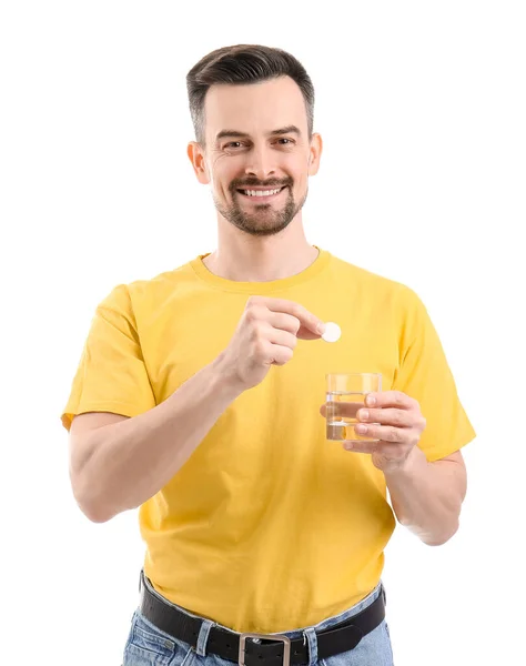 Young Man Soluble Tablet Glass Water White Background — Stock Photo, Image