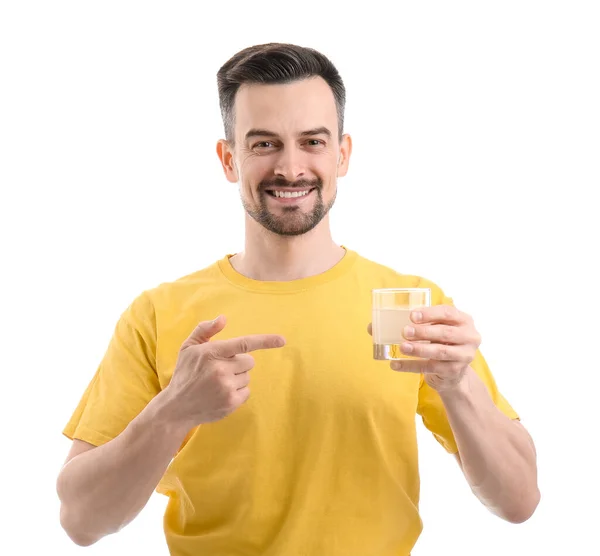 Young Man Pointing Glass Water Dissolved Tablet White Background — Stock Photo, Image