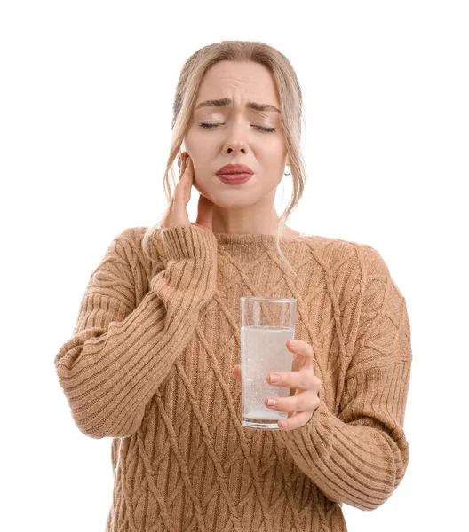 Young Woman Dissolved Tablet Glass Water Suffering Toothache White Background — Stock Photo, Image