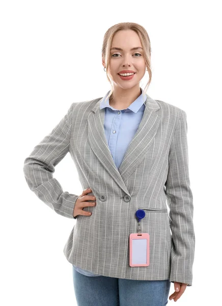 Young Businesswoman Blank Badge White Background — Stock Photo, Image