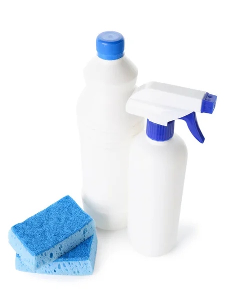 Bottles Detergent Blue Cleaning Sponges White Background — Stock Photo, Image