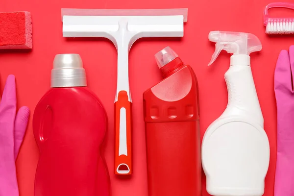 Different Cleaning Supplies Red Background — Stock Photo, Image