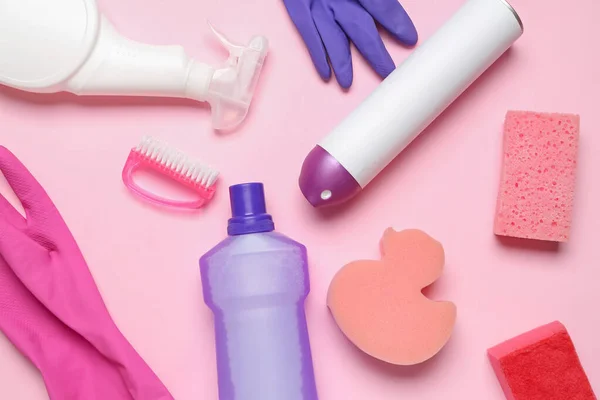 Different Cleaning Supplies Pink Background — Stock Photo, Image