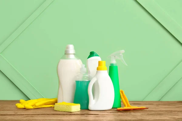 Different Cleaning Supplies Wooden Table — Stock Photo, Image