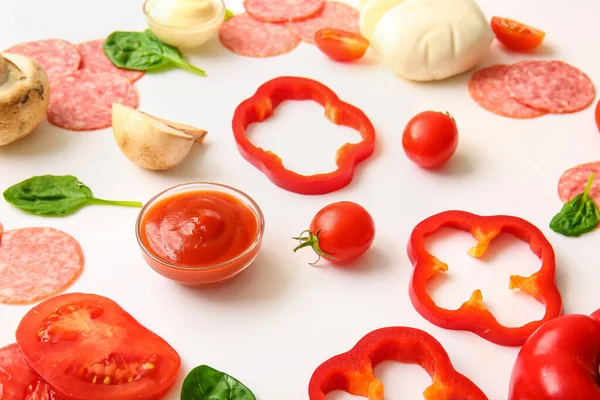 Fresh Ingredients Preparing Pizza White Background — Stock Photo, Image