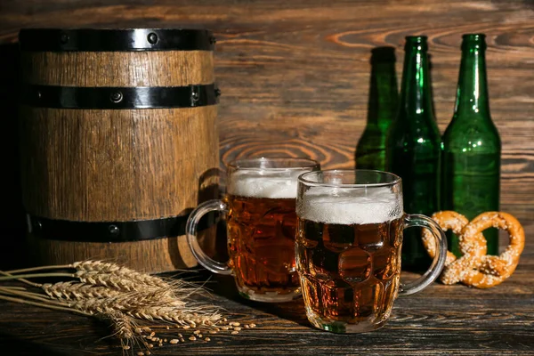 Mugs Cold Beer Wooden Background Oktoberfest Celebration — Stock Photo, Image