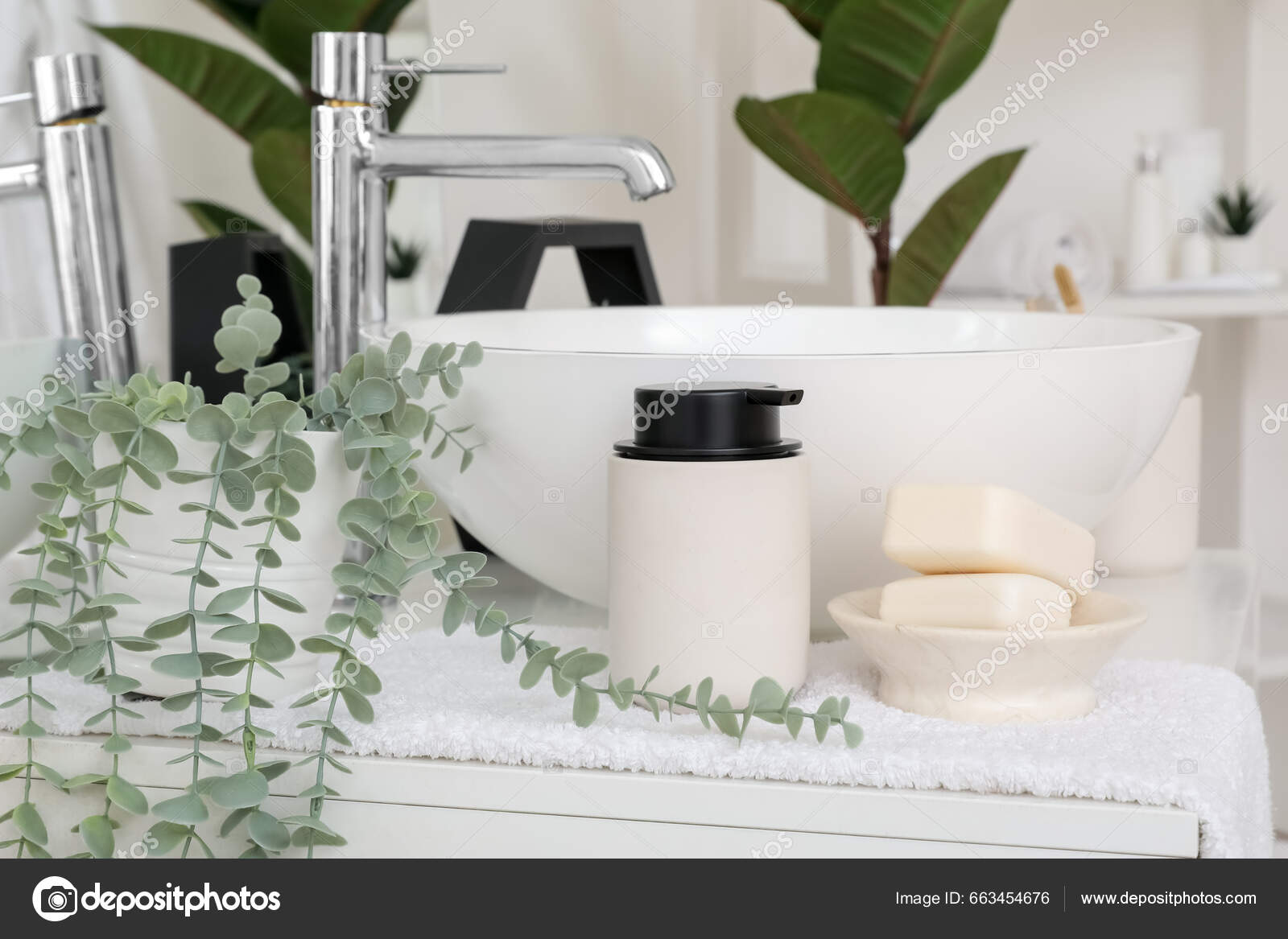 Soap Bars Dispenser Houseplant Sink Bowl Chest Drawers Bathroom Stock