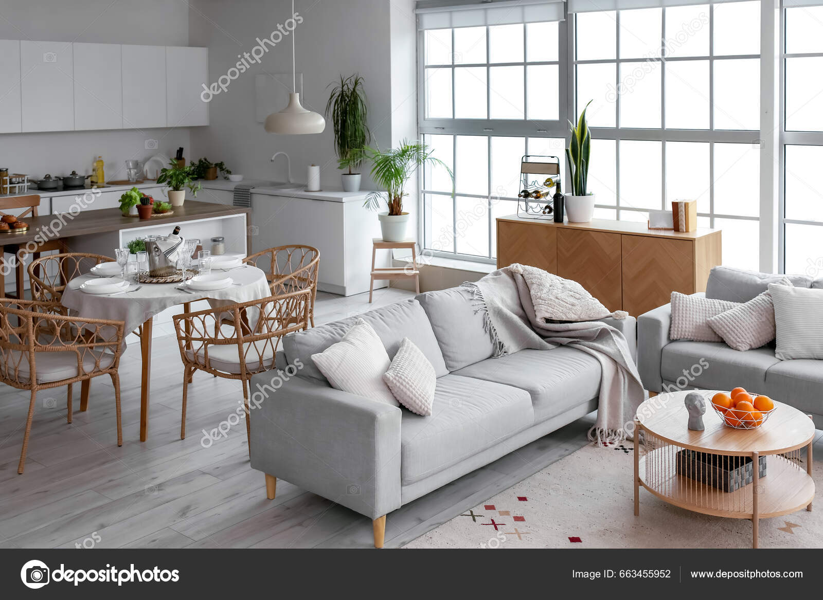 Interior Light Open Space Kitchen Cozy Grey Sofas Oranges Wooden Stock