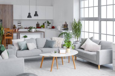 Işıl ışıl, gri koltukları ve kahve masası olan açık uzay mutfağı.