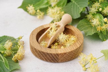 Ahşap plaka, kepçe, aromatik ıhlamur çiçekleri ve açık arkaplanda yapraklarla kompozisyon