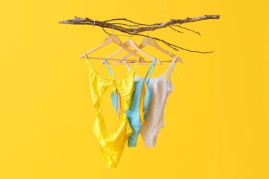 Sarı arka planda ağaç dalında farklı tarz mayoları olan askılar. Yaz tatili kavramı