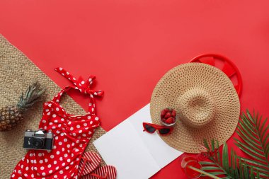 Kamera, ananas ve kırmızı arka planda plaj aksesuarları olan bir kase çilek. Yaz tatili kavramı