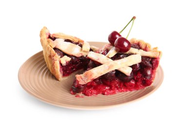 Beyaz arka planda lezzetli vişneli turta parçaları