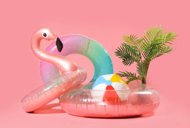 Pembe arka planda top ve bitki olan farklı şişirilebilir halkalar. Seyahat kavramı