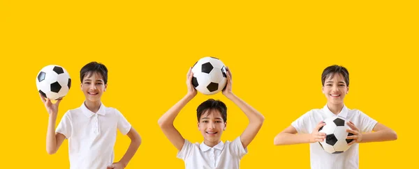 Set Von Kleinen Jungen Mit Fußball Auf Gelbem Hintergrund — Stockfoto