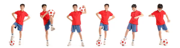 Set Van Kleine Jongen Met Voetbal Witte Achtergrond — Stockfoto