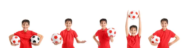 Zestaw Małego Chłopca Piłką Nożną Białym Tle — Zdjęcie stockowe
