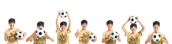 Set Van Kleine Jongen Met Voetbal Witte Achtergrond — Stockfoto
