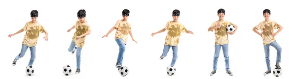 Sada Malého Chlapce Fotbalovým Míčem Bílém Pozadí — Stock fotografie