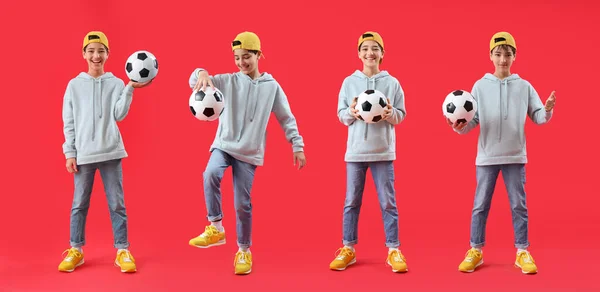 Set Van Kleine Jongen Met Voetbal Rode Achtergrond — Stockfoto