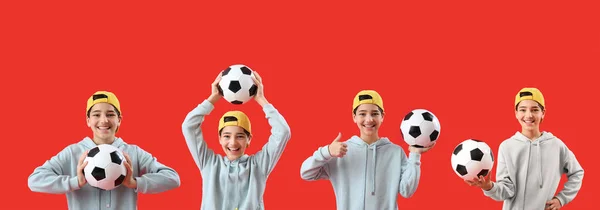 赤い背景にサッカーボールを持つ小さな男の子のセット — ストック写真