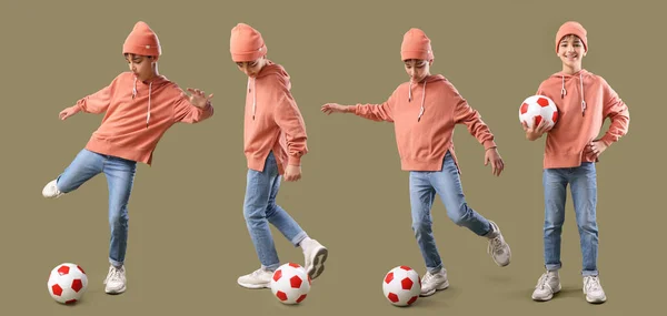 Sada Malého Chlapce Fotbalovým Míčem Barevném Pozadí — Stock fotografie