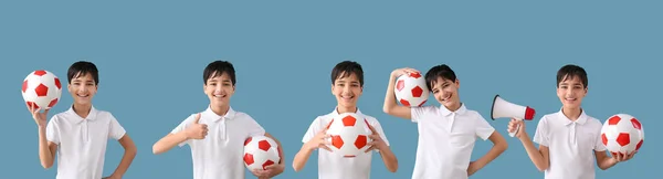 Zestaw Małego Chłopca Piłką Nożną Jasnoniebieskim Tle — Zdjęcie stockowe