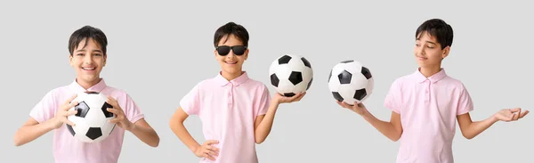 サッカーボールを背景にした小さな男の子のセット — ストック写真