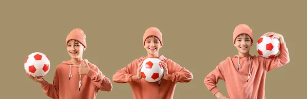 色の背景にサッカーボールと男の子のセット — ストック写真