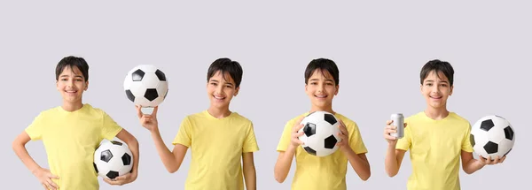 Set Van Kleine Jongen Met Voetbal Lichte Achtergrond — Stockfoto