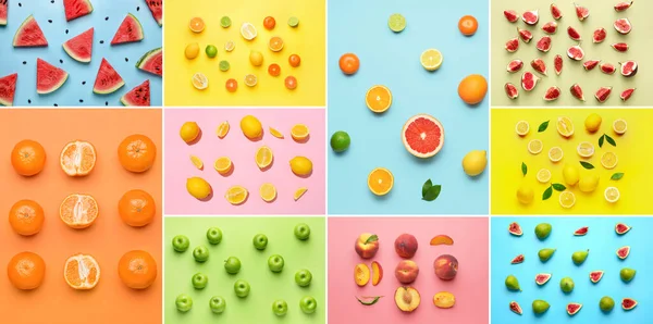 Colagem Frutas Frescas Fundo Cor Padrões Projeto — Fotografia de Stock