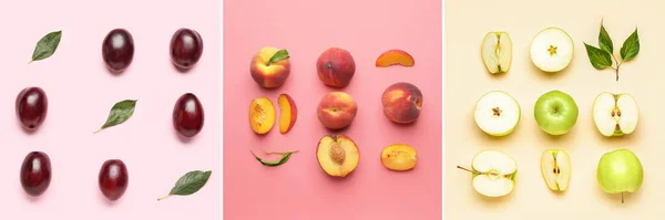 Sada Čerstvého Ovoce Barevném Pozadí Vzory Pro Design — Stock fotografie