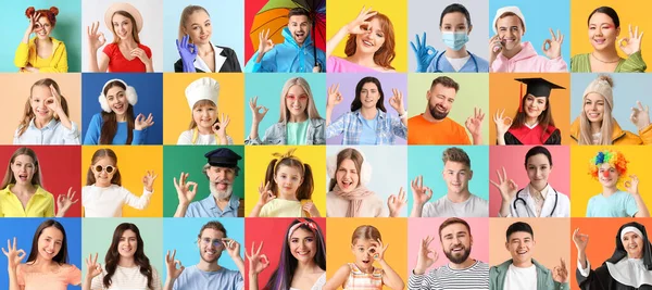 Grupp Olika Människor Som Visar Gest Färg Bakgrund — Stockfoto