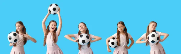 Set Van Kleine Meisje Met Voetbal Lichtblauwe Achtergrond — Stockfoto