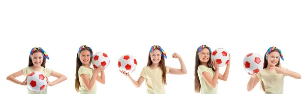 Set Van Kleine Meisje Met Voetbal Witte Achtergrond — Stockfoto
