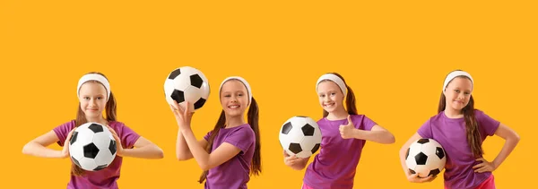 Set Van Klein Meisje Met Voetbal Gele Achtergrond — Stockfoto